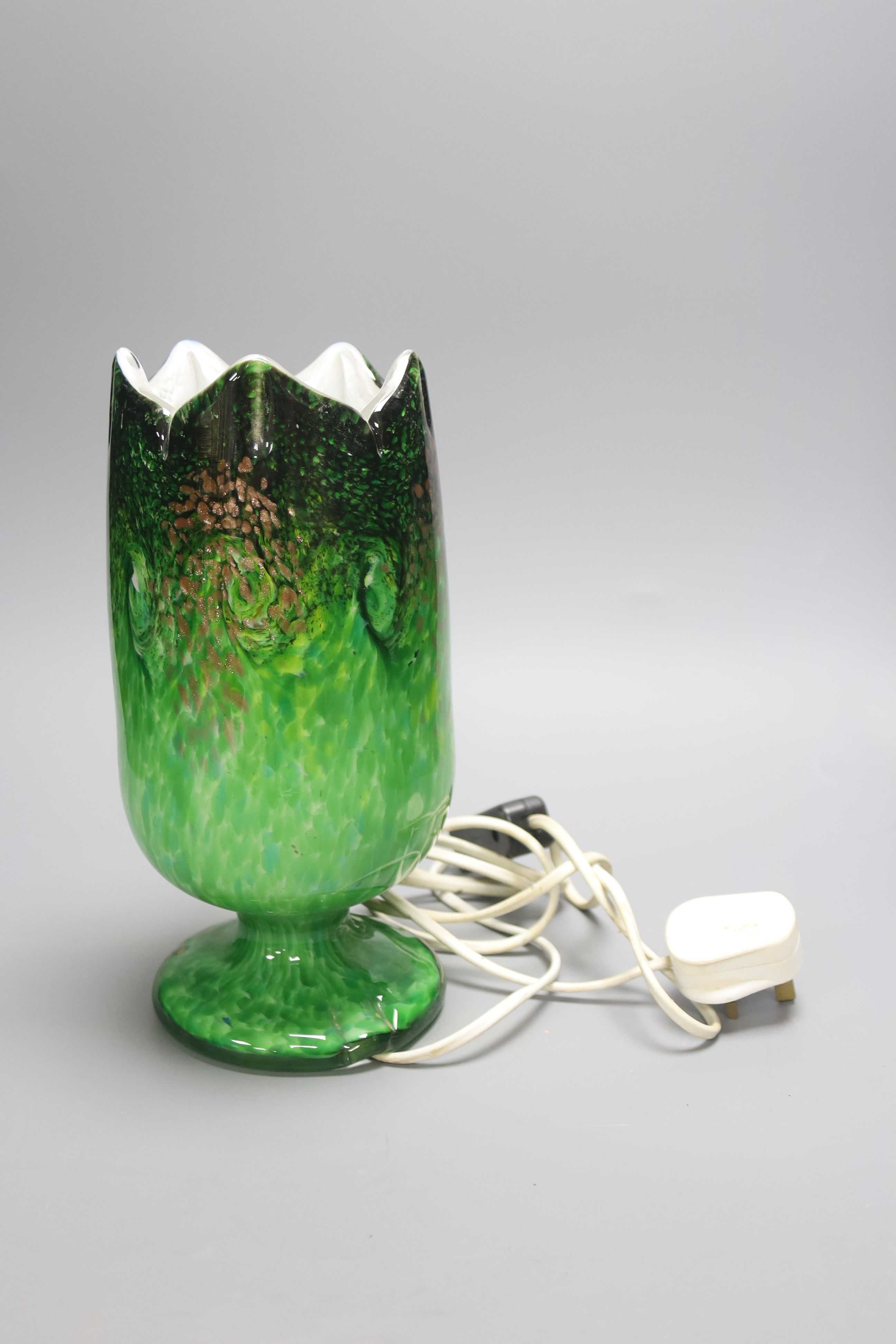 A green and gold fleck Vasart glass lamp, height 27cm